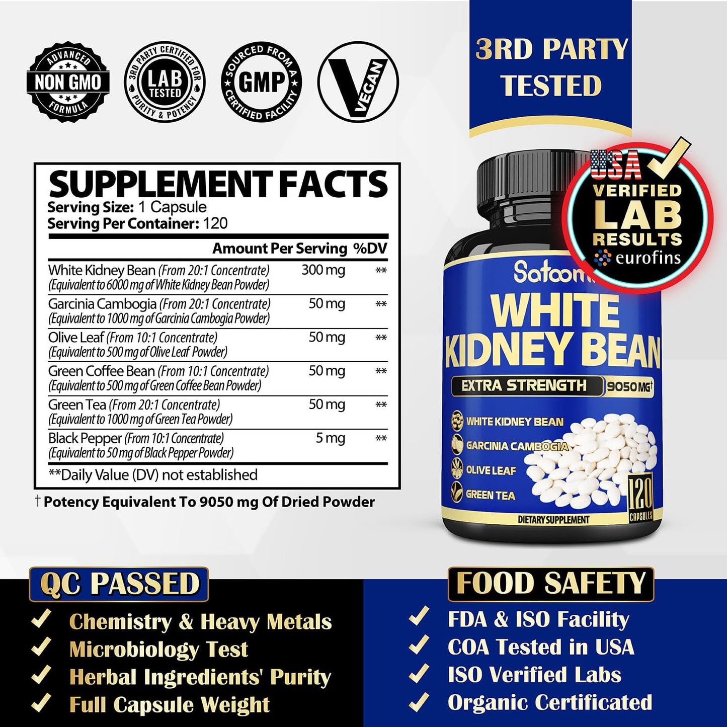 6in1 White Kidney Bean Extract Capsules 9050 Mg - with Garcinia Cambogia, Olive Leaf SatoomiUS supplements