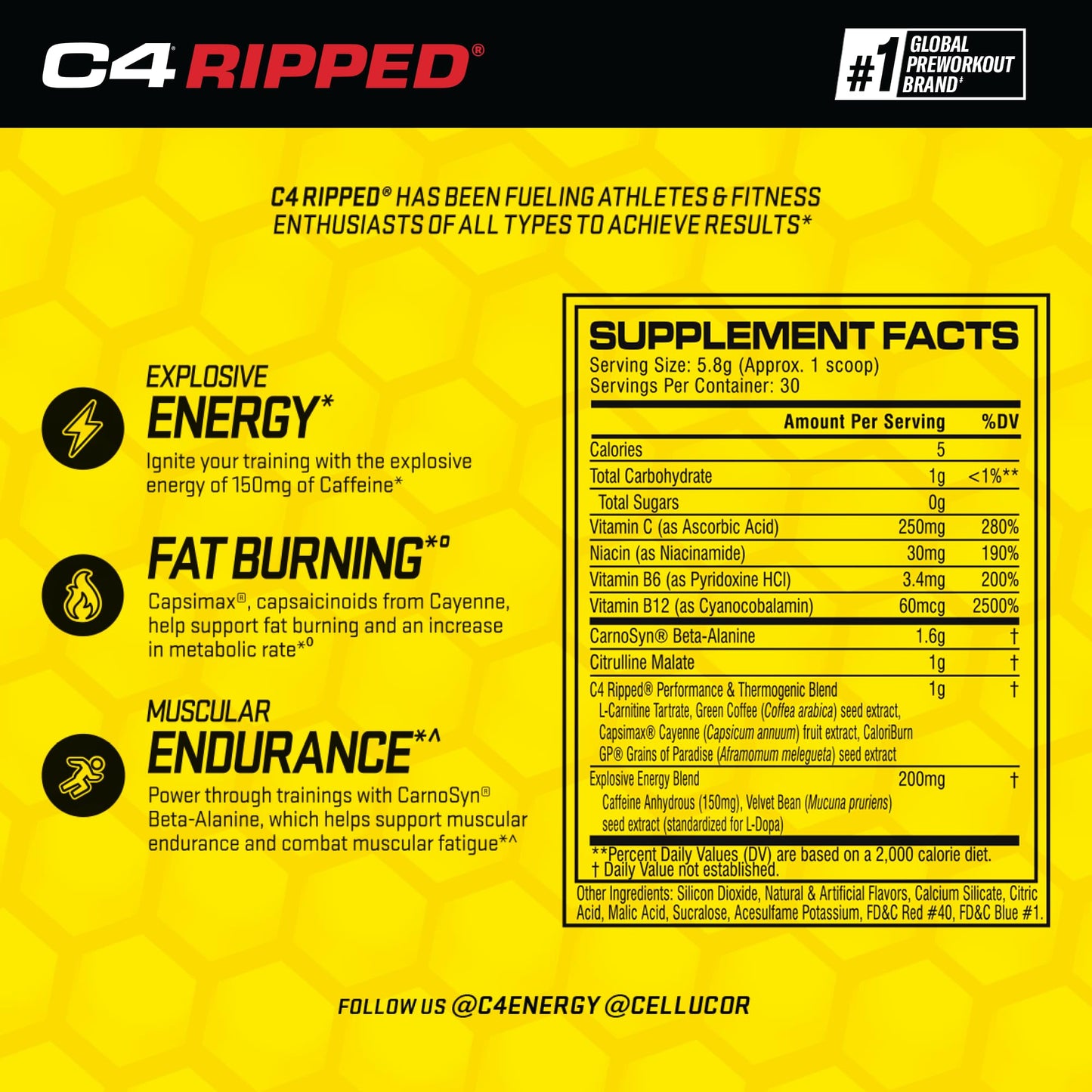 Cellucor C4 Ripped Pre Workout Powder Raspberry Lemonade | Creatine Free + Sugar Free CellucorUS supplements