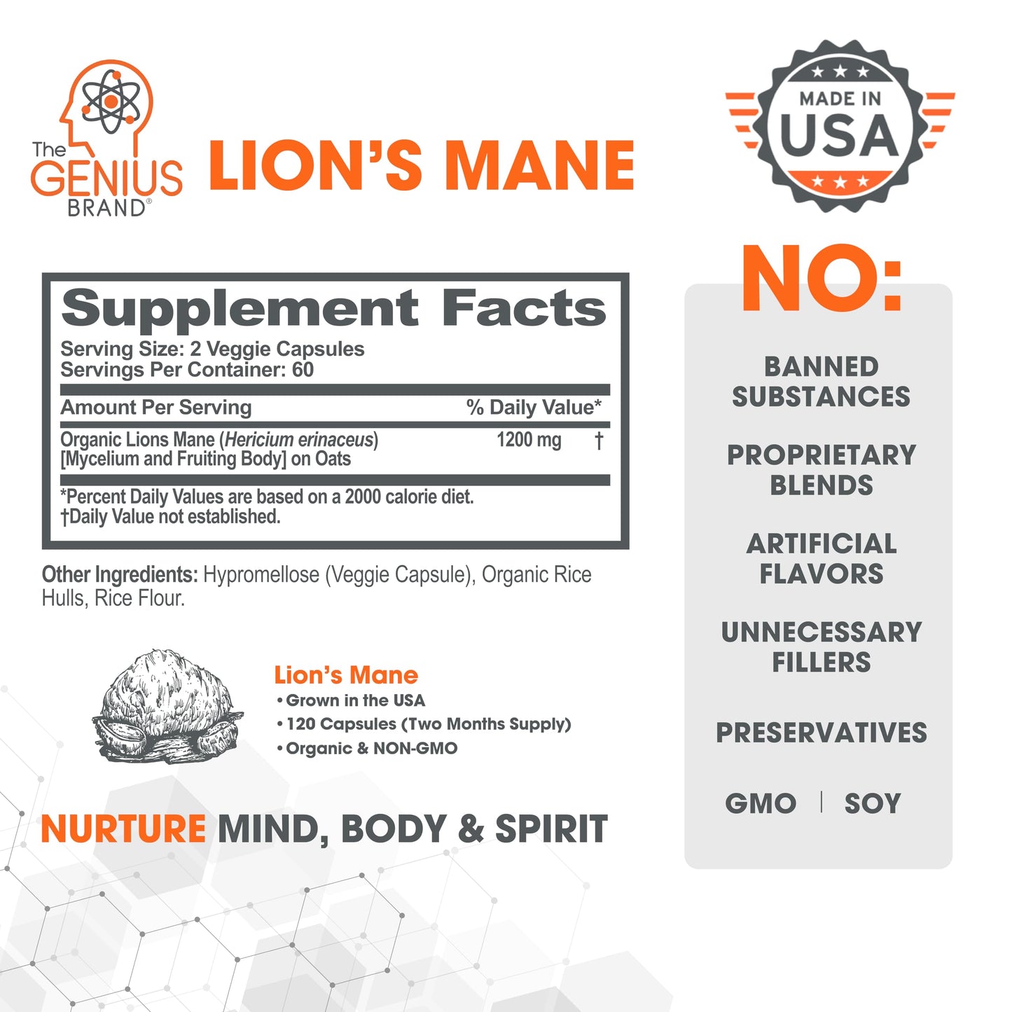 Genius Lions Mane Supplement Capsules - Organic Nootropic Supplement, 1200mg per The Genius BrandUS supplements