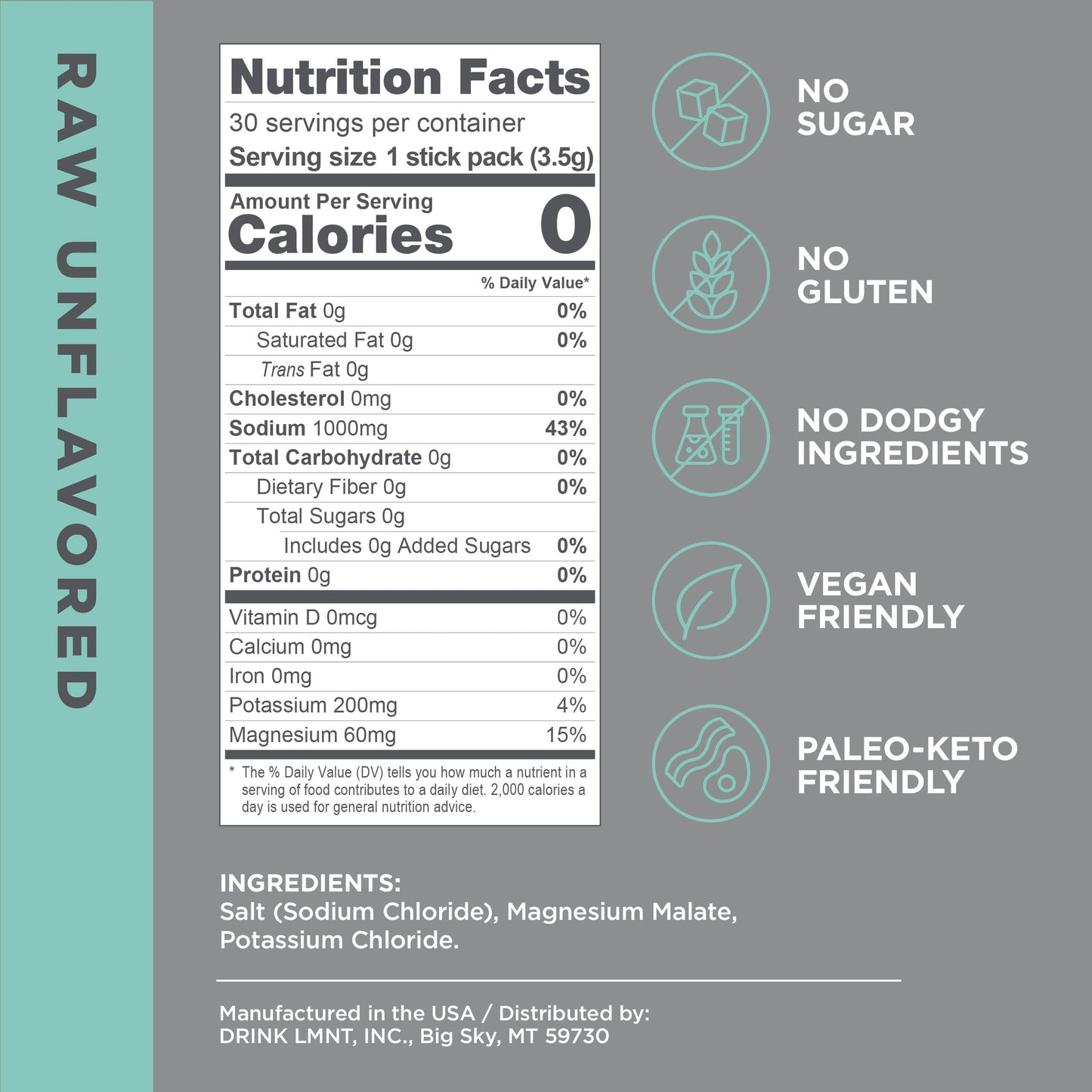 LMNT Zero-Sugar Electrolytes - Raw Unflavored Salt - Hydration Powder Packets Drink LMNTUS supplements