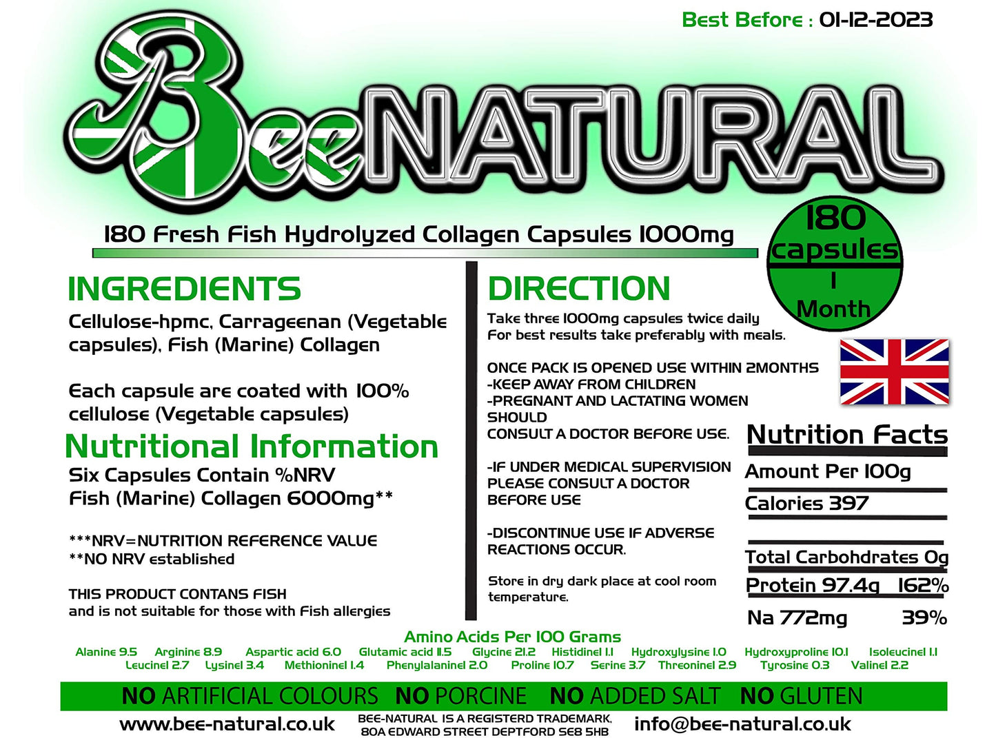 Bee-natural Pure Marine Hydrolyzed Collagen 1000mg 180 Capsules (1 Month Supply) Bee-naturalUS supplements