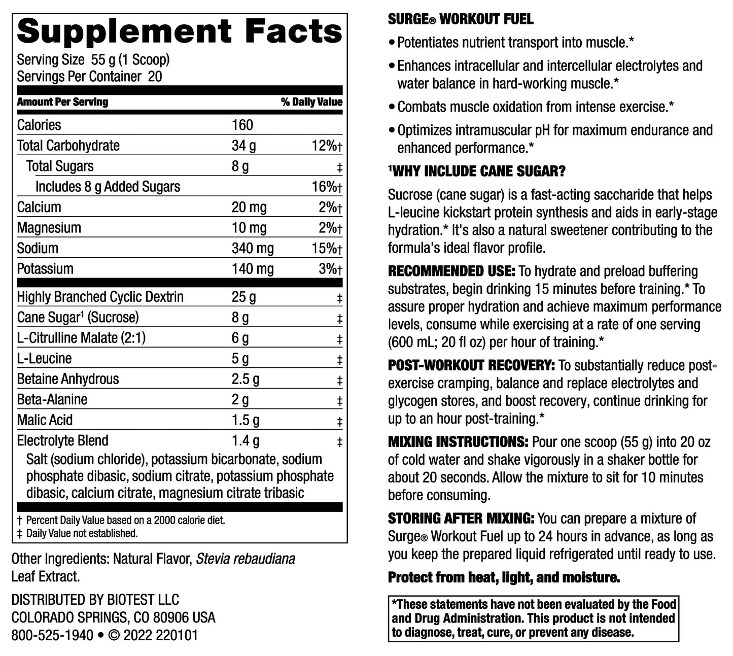 Biotest Surge Workout Nutrition - 25 g Highly Branched Cyclic Dextrin, 6.5 g Citrulline BiotestUS supplements