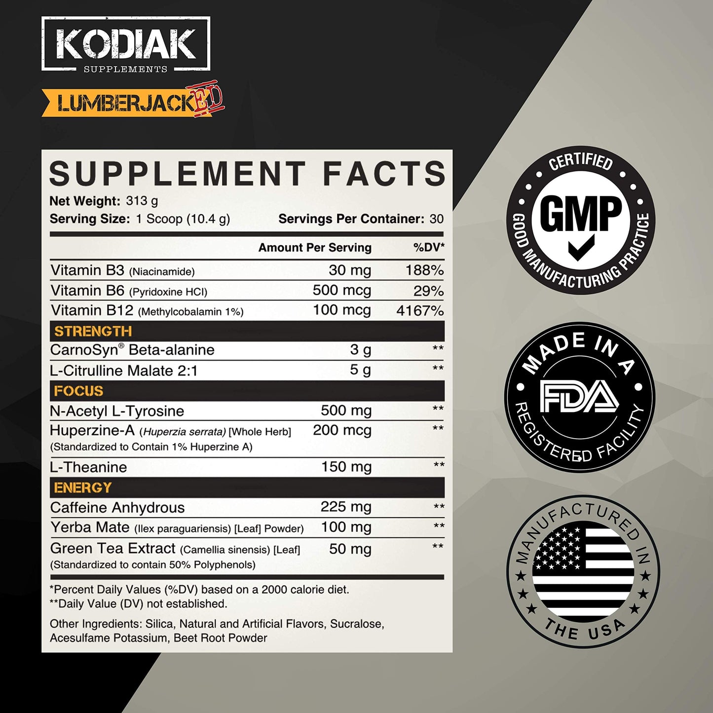 Kodiak Supplements LUMBERJACKED Pre-Workout Supplement with CarnoSyn 30 Servings Kodiak SupplementsUS supplements