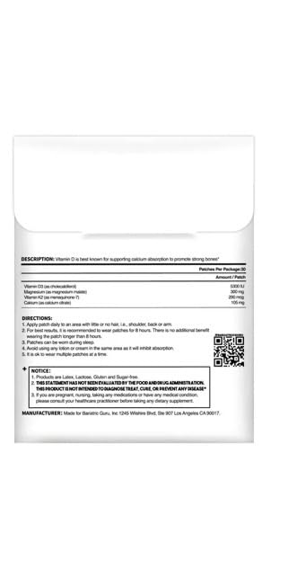 Bariatric Guru VitaBoost Supplement Patch — Vitamin D3, K2, Magnesium & Calcium Citrate Transdermal Topical Patch for Bone, Muscle & Immune Support — 30 Patches Bariatric GuruAu supplements