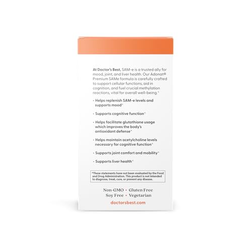 Doctor's Best SAM-e Mood & Joint Support & Liver Health (Pharmaceutical Grade/Non-GMO/Gluten Free/Vegetarian), Tablet, 60 Count (Pack of 1) Doctor's BESTAu supplements