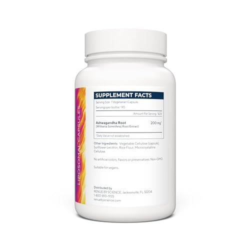 Renue By Science Ashwagandha | High Strength Liposomal Ashwagandha Supplements | 90 Ashwaganda Capsules - 200mg Ashwagandha per Serving | Non-GMO | Made in The USA Third-Party Tested Renue By ScienceUS supplements