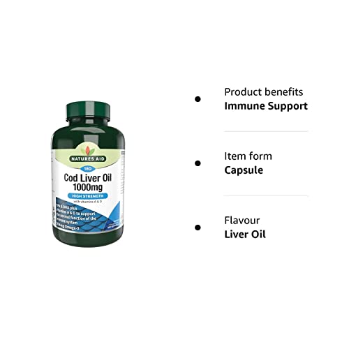 Natures Aid Cod Liver Oil, 1000 mg, 180 Softgel Capsules (High Strength, 254 mg Omega natures aidUS supplements