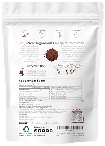 Sustainably US Grown, Organic Mega Mushroom 10 in 1 Complex Formula Powder Micro IngredientsUS supplements