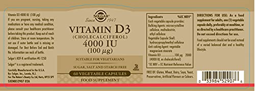 Solgar Vitamin D3 4000 IU (100 µg) Vegetable Capsules - Pack of 60 - Cholecalciferol SOLGARUS supplements
