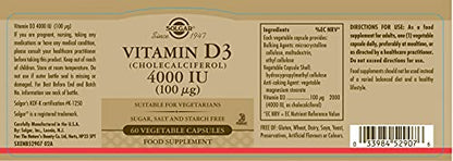 Solgar Vitamin D3 4000 IU (100 µg) Vegetable Capsules - Pack of 60 - Cholecalciferol SOLGARUS supplements