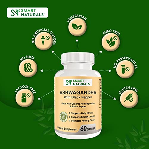 Smart Naturals Organic Ashwagandha with Black Pepper Herbal Supplements, Relieves Smart NaturalsUS supplements
