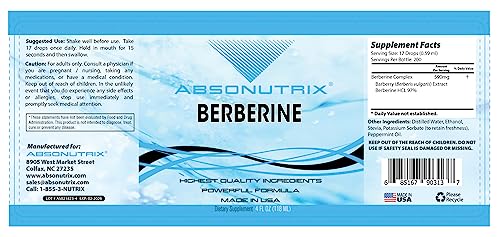 Absonutrix Berberine Supplement 600 mg, 4 Fl Oz Large Bottle, Healthy Weight Loss Support AbsonutrixAu supplements