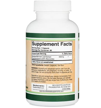 Bacopa Monnieri Capsules 20% Bacosides 450mg, 90 Count (Manufactured in USA Double Wood SupplementsUS supplements