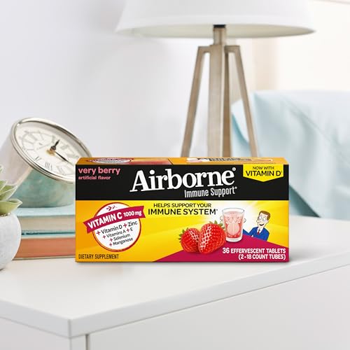 Vitamin C 1000mg (per serving) - Airborne Very Berry Effervescent Tablets (36 count in a box), Gluten-Free Immune Support Supplement, With Vitamins A C E, ZINC, Selenium, Echinacea & Ginger AirborneAu supplements