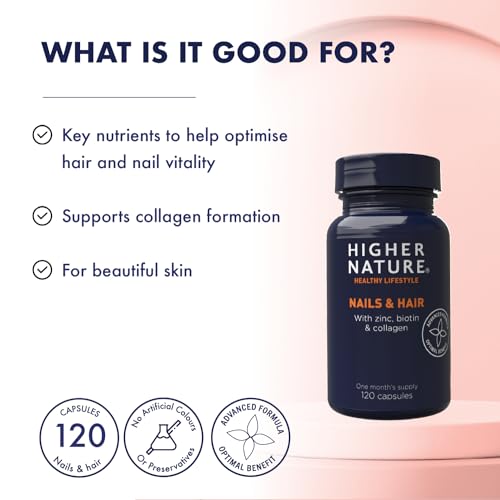Higher Nature - Nails & Hair - Contains Zinc, Biotin & Collagen - Supports Beautiful Skin - 120 Capsules HIGHER NATUREAu supplements