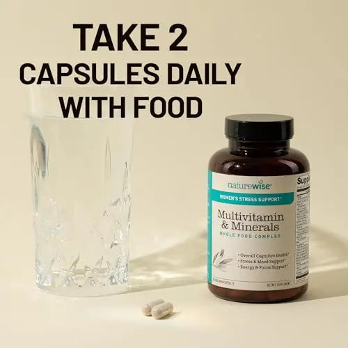 NatureWise Multivitamin for Women + Stress Support with Organic Whole Foods & Natural Minerals - B-Complex + Vitamin C + D3 K2 for Immunity, Hair, Skin & Nails - Non-GMO - 60 Capsules[30-Day Supply] NatureWisenz supplements