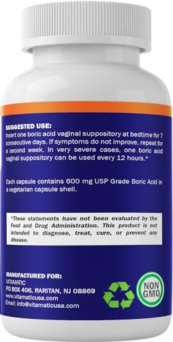 Vitamatic Boric Acid Vaginal Suppositories 600 mg USP Grade Boric Acid in Vegetarian Capsule Shell - 60 Count VitamaticAu supplements