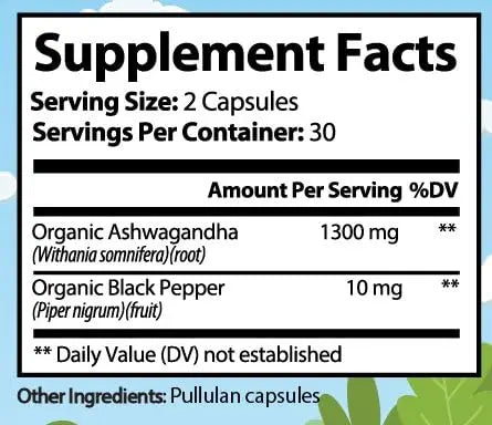 Premium Organic Ashwagandha with Black Pepper - 1300mg per Serving, 60 Capsules - Made in USA, FDA Registered Facility - Enhanced Absorption with Piperine for Optimal Performance Organic Strengthnz supplements