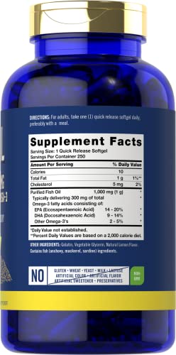 Fish Oil 1000mg | 300mg Omega 3 | 250 Count | Non-GMO and Gluten Free Supplement CarlyleUS supplements