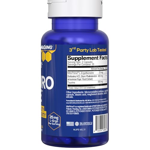 NeuroLife Longevity Supplement - 500mg Taurine & 400mg Berberine Supplement - Clinically Tested MitoPrime L-Ergothioneine - Brain Support for Cognitive Vitality - 60 Berberine Capsules NATURAL STACKSAu supplements