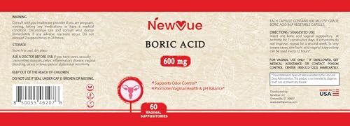 NewVue Boric Acid Vaginal Suppositories (600mg, 60 Count) Supports Vaginal pH Balance, Odor Control (USP Medical Grade Fine Powder, Easy Dissolve, Third Party Tested, Made in USA) NewVueAu supplements