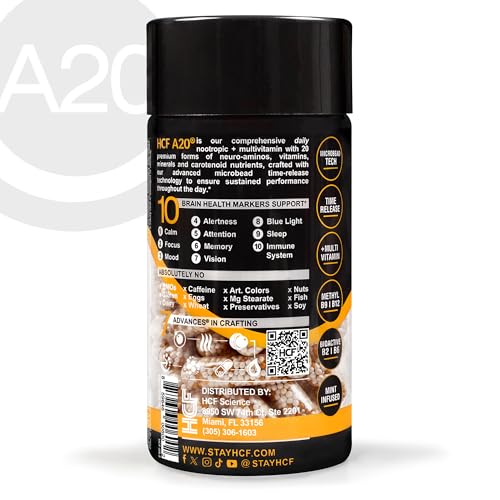 HCF A20 Microbead Brain Health Supplements for Adults for Memory, Focus, Calm, Mood, Alertness, Attention, Vision, Sleep, Immune System, 20 Premium Nootropic Nutrients Multivitamin & 7 Advances® Tech HCFAu supplements