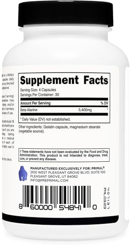 Primal Beta-Alanine Capsules 3400mg (30 Servings, 120 Capsules) - Supplement, Gluten PrimalUS supplements