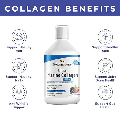 Marine Collagen Liquid 10000mg Sugar Free Berry Flavour, Hydrolysed Peptides, Hyaluronic Acid, Biotin, Silica, Vitamin C, Healthy Skin PharmanostixUS supplements