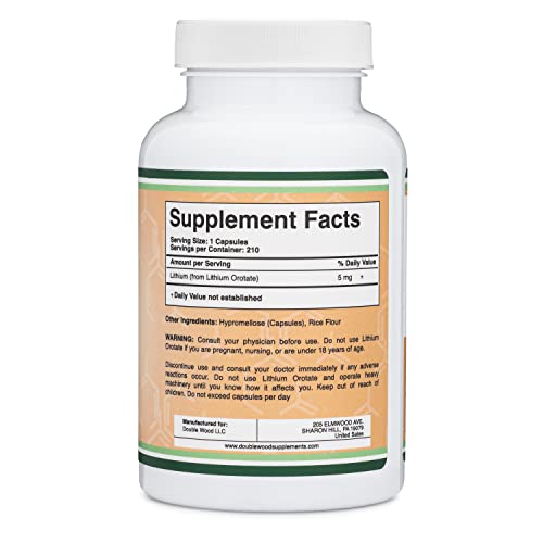 Lithium Orotate 5mg, 210 Capsules (Third Party Tested, Made in The USA Double Wood SupplementsUS supplements