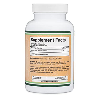 Lithium Orotate 5mg, 210 Capsules (Third Party Tested, Made in The USA Double Wood SupplementsUS supplements