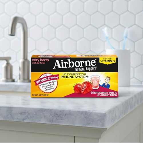Vitamin C 1000mg (per serving) - Airborne Very Berry Effervescent Tablets (36 count in a box), Gluten-Free Immune Support Supplement, With Vitamins A C E, ZINC, Selenium, Echinacea & Ginger AirborneAu supplements