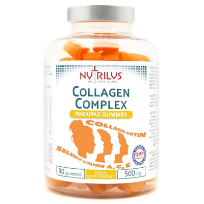 Collagen Complex 90 Natural Pineapple Gummies 500mg - Large Pack - with Biotin & Selenium NutrilusUS supplements