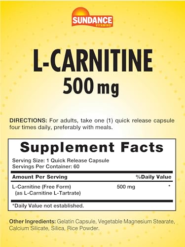 L-Carnitine 500mg | 60 Capsules | Free Form Amino Acid | Non-GMO and Gluten Free SundanceAu supplements