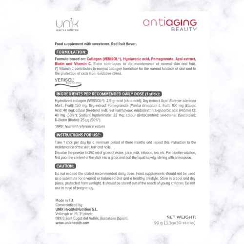 Unik Antiaging Beauty | Hydrolysed Collagen VERISOL (5 Clinical Studies) with Hyaluronic Acid UN 1K HEALTH & NUTRITIONUS supplements