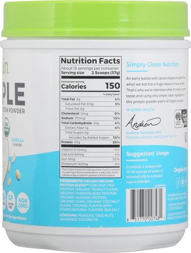 Orgain Organic Simple Vegan Protein Powder, Vanilla - 20g Plant Based Protein OrgainUS supplements