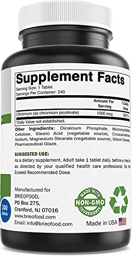 Brieofood Chromium Picolinate 1000 mcg Pills - 240 Tablets - 240 Servings - Non-GMO BrieofoodAu supplements