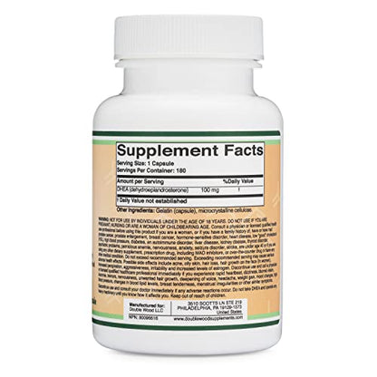 DHEA 100mg | 180 Capsules | Max Strength 6 Month Supply | Third Party Tested | Hormone Double Wood SupplementsUS supplements