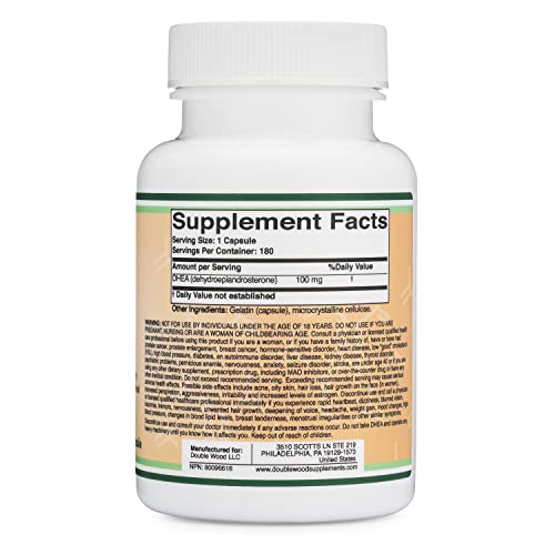 DHEA 100mg | 180 Capsules | Max Strength 6 Month Supply | Third Party Tested | Hormone Double Wood SupplementsUS supplements