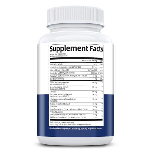 Brain Supplements for Memory & Focus - Nootropic with Bacopa Monnieri, Lion's Mane, Alpha GPC, Phosphatidylserine | Supports Mental Clarity & Cognitive Function | Vitamin B6 & B12-120 Capsules MigcopatAu supplements