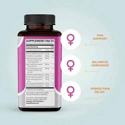 LifeSeasons - PreMense-T - PMS Relief Supplement - Support for Pre-Menstrual Symptoms, Cramping & Breast Tenderness - Nourish Tissue - Ginger Crampbark Dong Quai Chasteberry & Vitamin B6-60 Capsules LifeSeasonsAu supplements