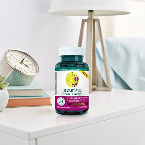 NEURIVA Brain + Energy Gummies, Nootropic Brain Supplements for Focus and Concentration with Neurofactor, Vitamin B12 & Caffeine for an Energy Boost*, 75ct Natural BlackBerry NEURIVAAu supplements