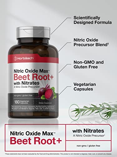 Nitric Oxide Beet Root Capsules | with Nitrates | 180 Count | Nitric Oxide Precursor | Vegetarian HorbäachUS supplements