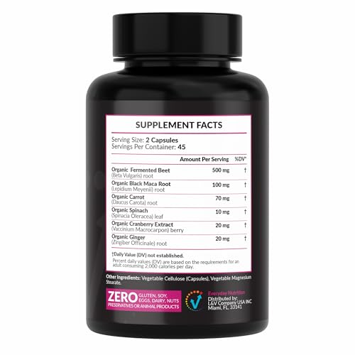 EVERYDAY NUTRITION Organic Fermented Beet Root & Black Maca Capsules with Carrot, Spinach, Cranberry & Ginger | Superfood for Energy, Stamina & Wellness | 90 Veggie Capsules | Made in USA EVERYDAY NUTRITIONAu supplements