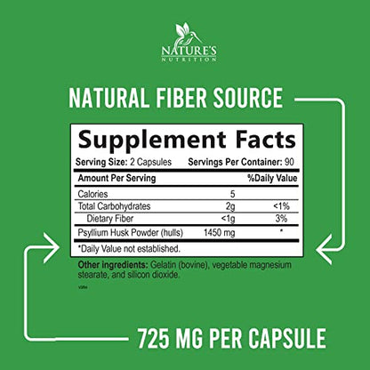 High Absorption Psyllium Husk Capsules 1450mg, Natural Soluble Fiber Supplement Non-GMO Nature's NutritionUS supplements