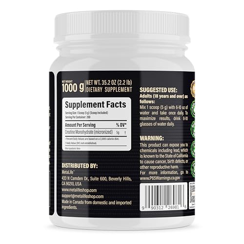 METALIFE 100% Pure Creatine Monohydrate Powder, Canada-Made, 1000 g (200 Servings) Micronized Powder, Muscle Growth, Unflavored, Ideal for Athletes & Fitness Enthusiasts, Third party lab tested, Vegan METALIFEAu supplements