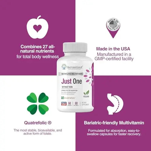 NatureGenX Just One Daily Methylated Multivitamin - 60 Caps Pure Methyl B12, Methylfolate MTHFR Support Supplement Iron Free Methylated Vitamins NatureGenXAu supplements