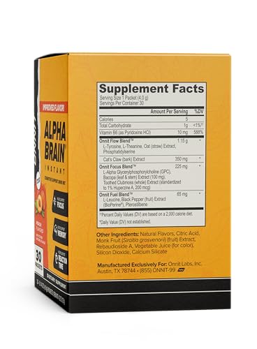 ONNIT Alpha Brain Instant Cognitive Support Drink Mix, Nootropic Supplement for Focus, Memory and Clarity, Peach Flavor, 0.13 oz Packets, 30 Count ONNITAu supplements