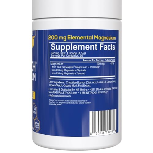 Magtein Magnesium L-Threonate, Glycinate & Taurate - MagTech Magnesium Powder - Sugar Free Lemonade Drink - 200mg Chelated Triple Complex - Supports Relaxation & Brain Health* - 30 Servings NATURAL STACKSAu supplements