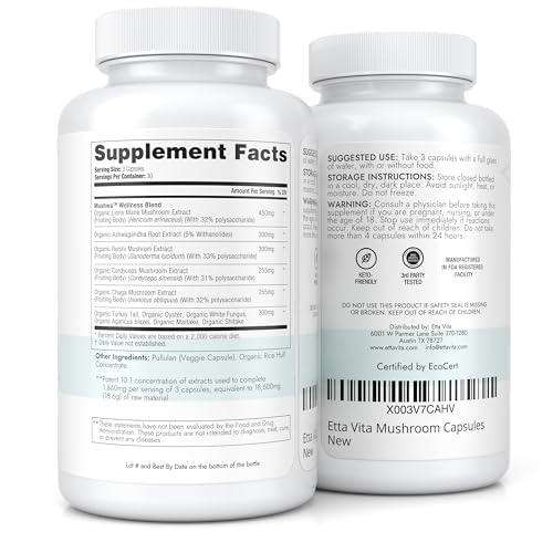 USDA Organic Lions Mane Supplement Capsules with Ashwagandha, Chaga, Reishi, Cordyceps Etta VitaAu supplements