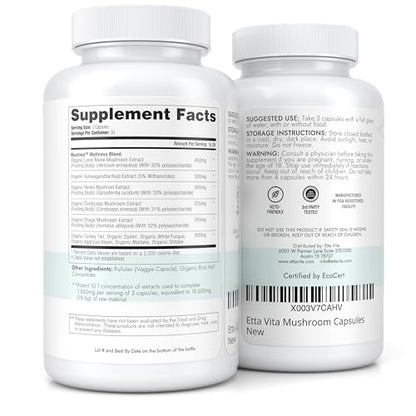 USDA Organic Lions Mane Supplement Capsules with Ashwagandha, Chaga, Reishi, Cordyceps Etta VitaUS supplements